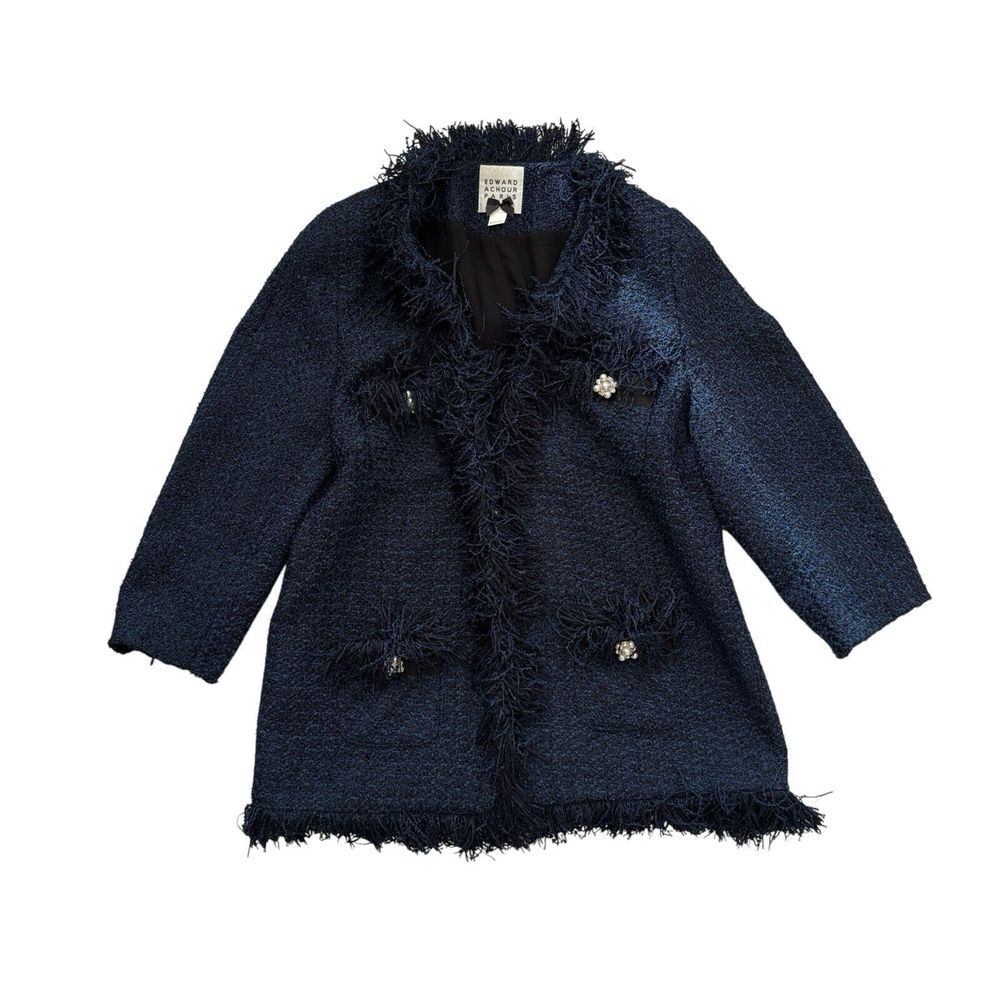 Edward Achour Paris Tweed Blazer Blue Boucle‎ Fringe Jacket
